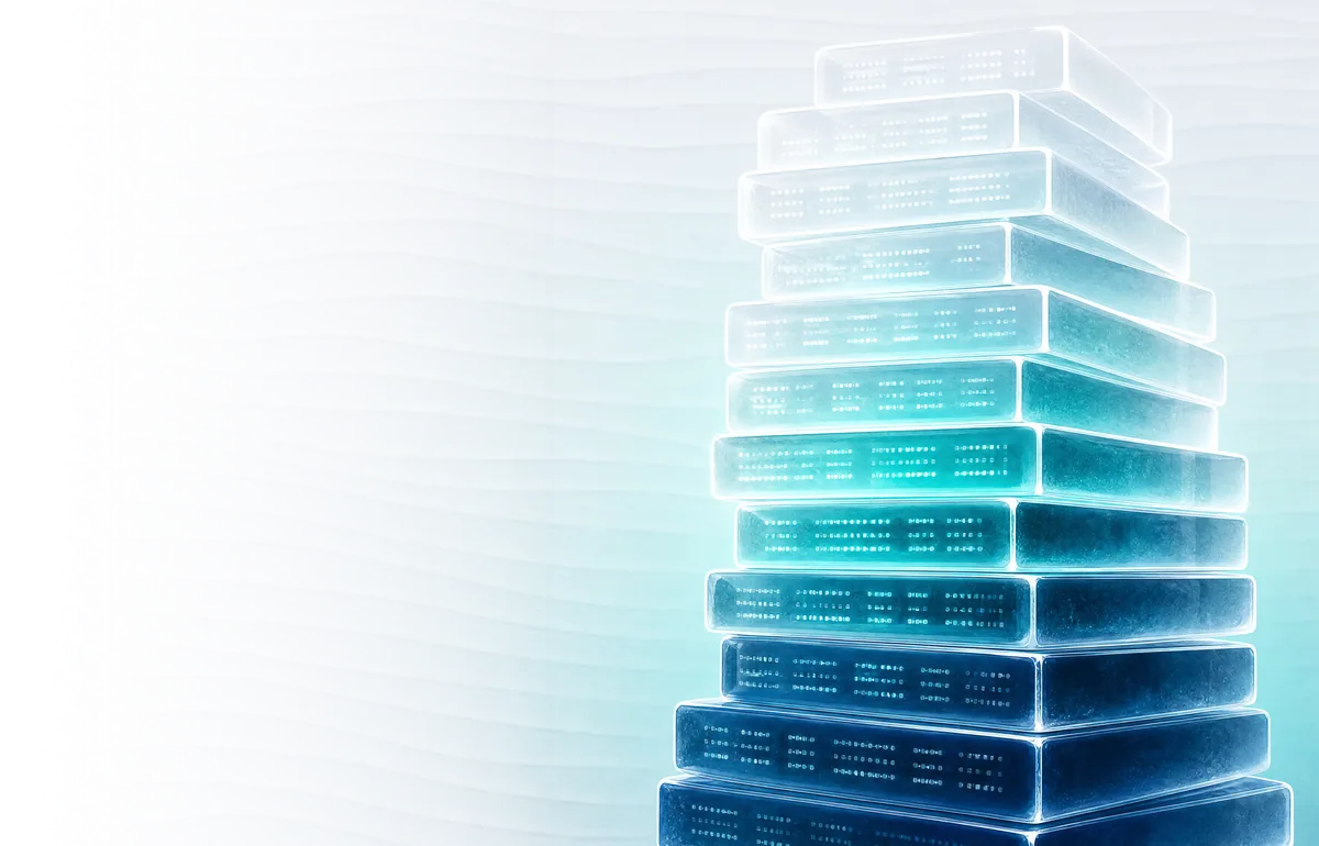 Capas de datos de liquidación apiladas como estratos, ilustración de Sinergia Digital
